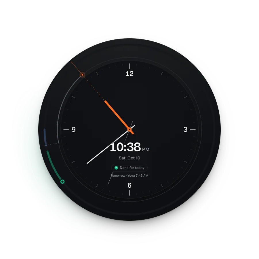 A minimal white clock whose outer ring shows coloured arcs for upcoming events