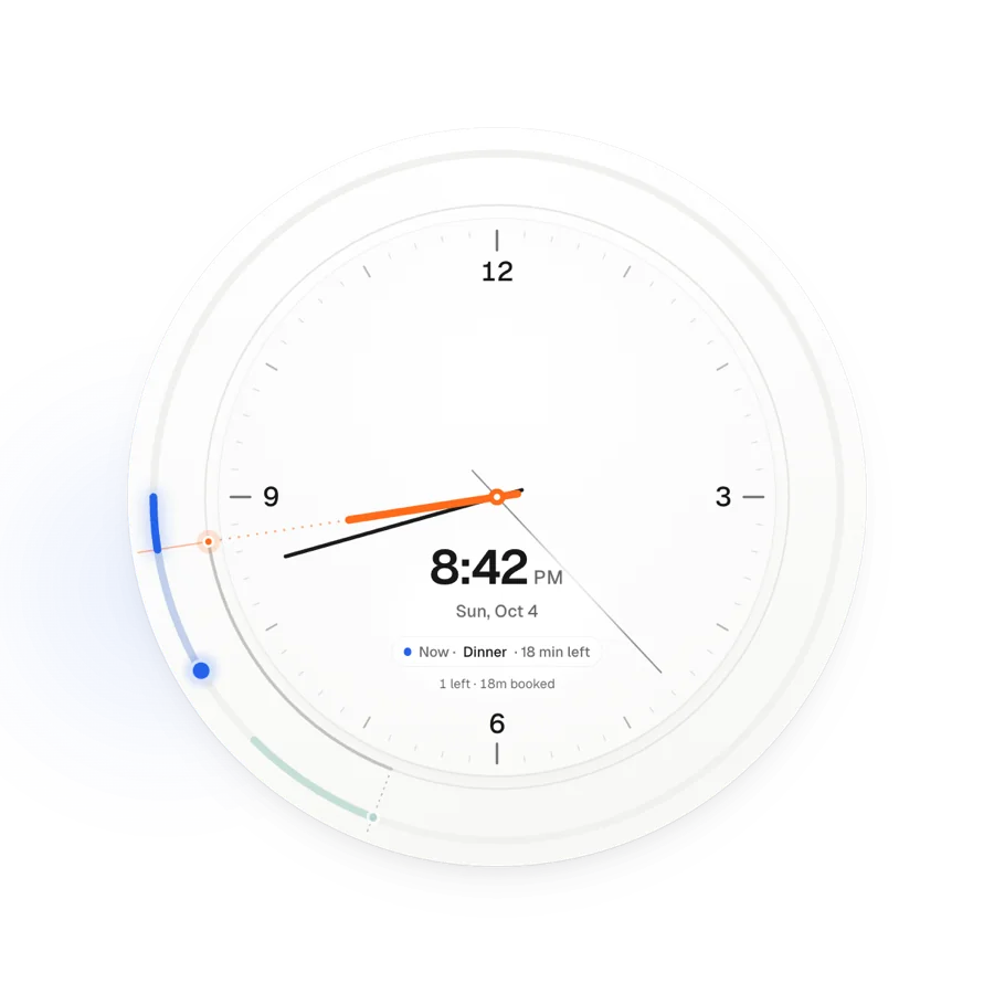 A minimal white clock whose outer ring shows coloured arcs for upcoming events