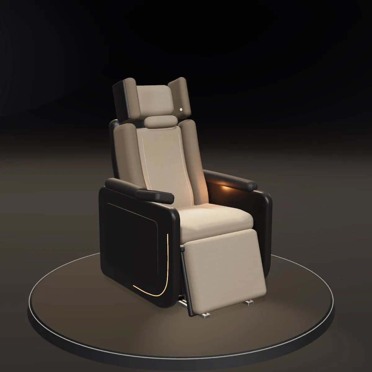 Nest, a dark sculpted coach seat with a warm amber light line, on a dark studio floor