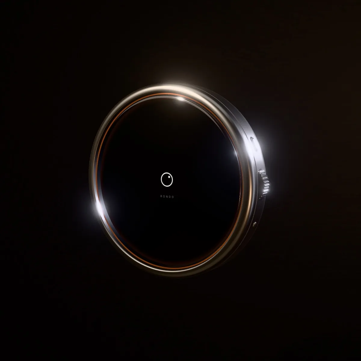 Rondo, a round metal music device glowing softly on a dark backdrop